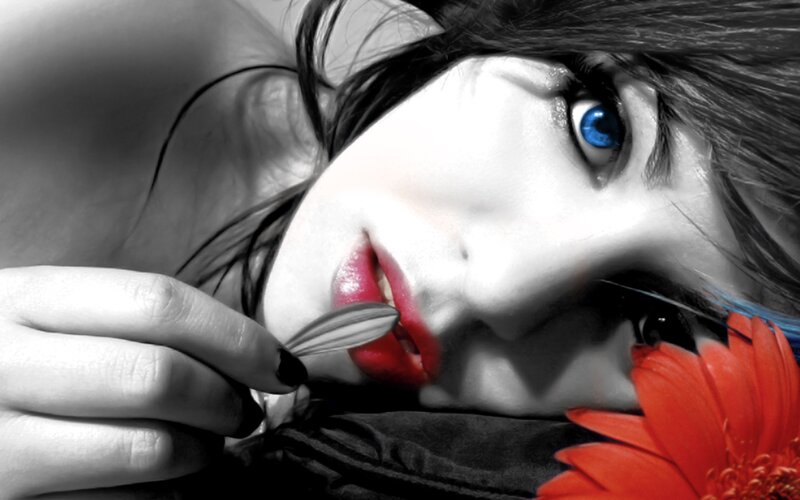 Woman with Blue Eyes — White, Dramatic, Digital Art, Flower