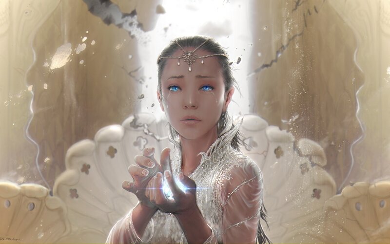 Woman with Blue Eyes — White, Dramatic, Digital Art, Jeweled Headpiece