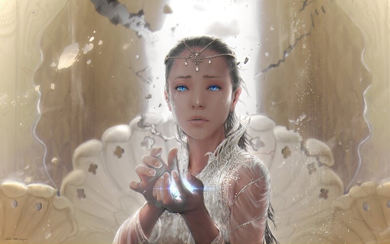 Woman with Blue Eyes — White, Dramatic, Digital Art, Jewelry