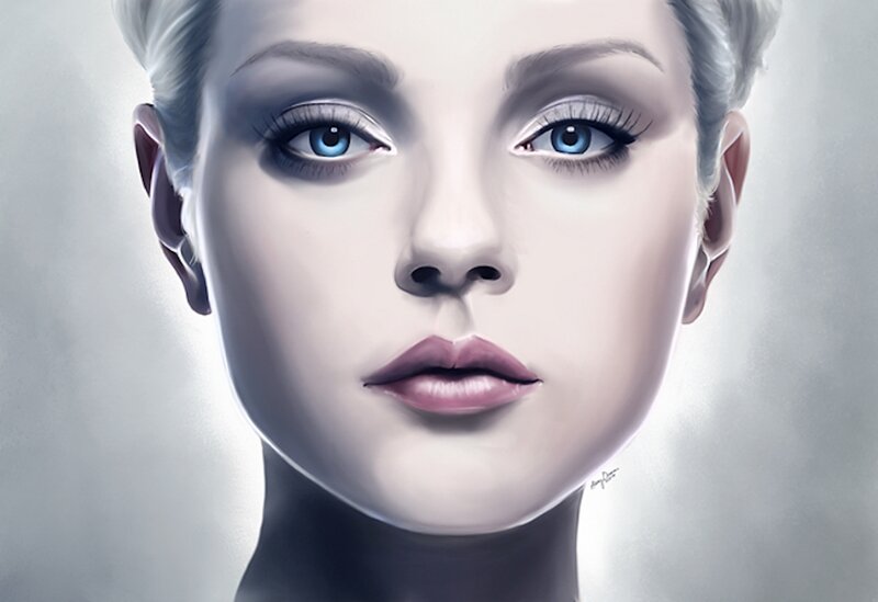Woman with Blue Eyes — White, Dramatic, Digital Art, Short Hair