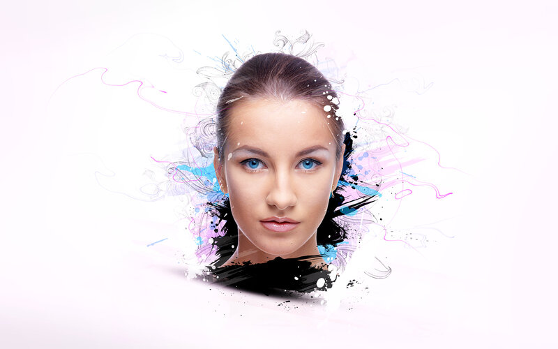 Woman with Blue Eyes — White, Dramatic, Digital Art, Splashes