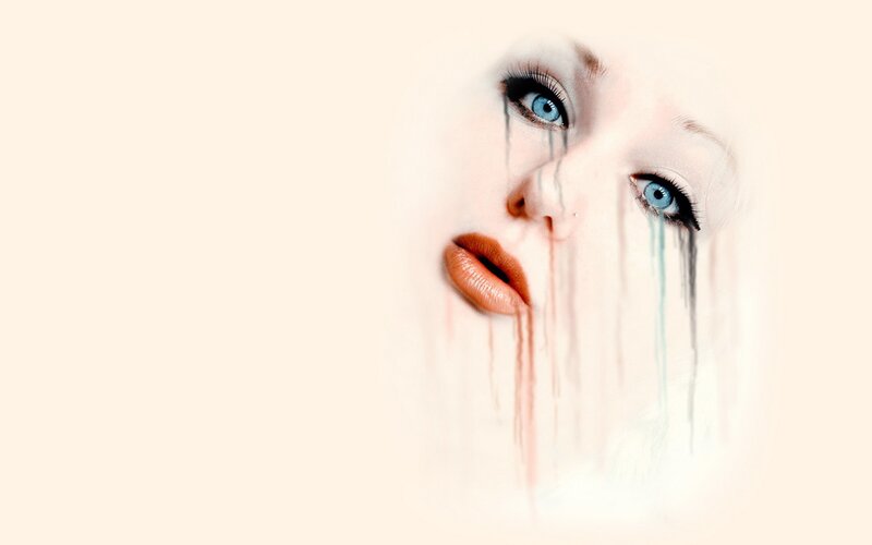 Woman with Blue Eyes — White, Dramatic, Digital Art, Tears