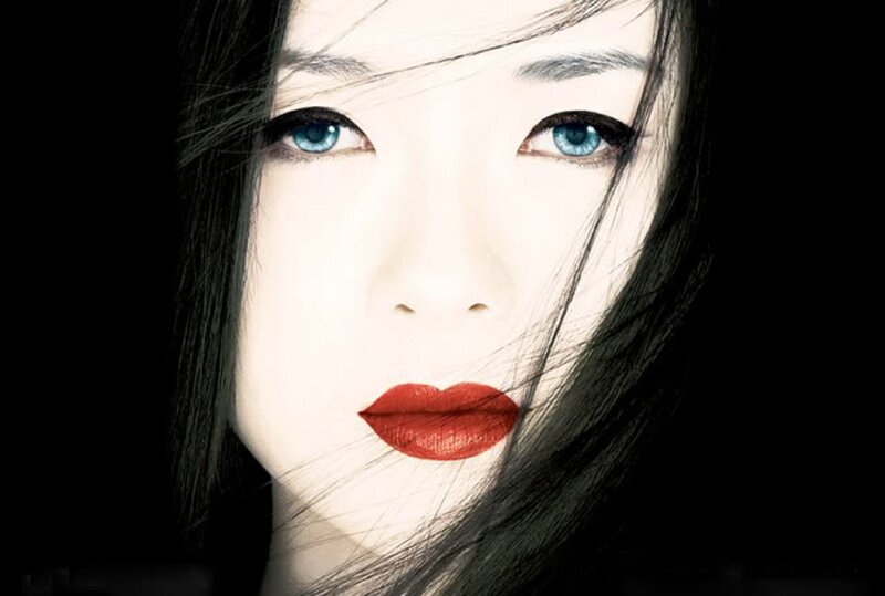 Woman with Blue Eyes — White, Dramatic, Photograph, Red Lips