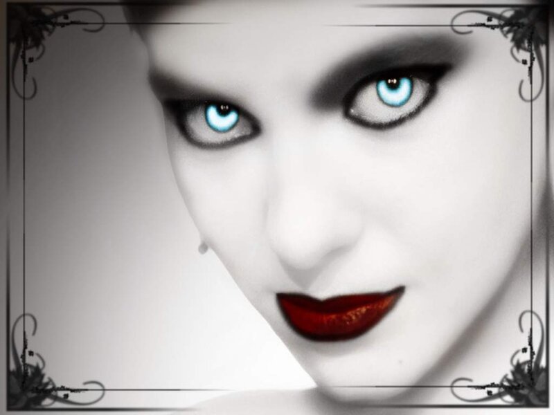 Woman with Blue Eyes — White, Dramatic, Photograph, Red Lips, White Face