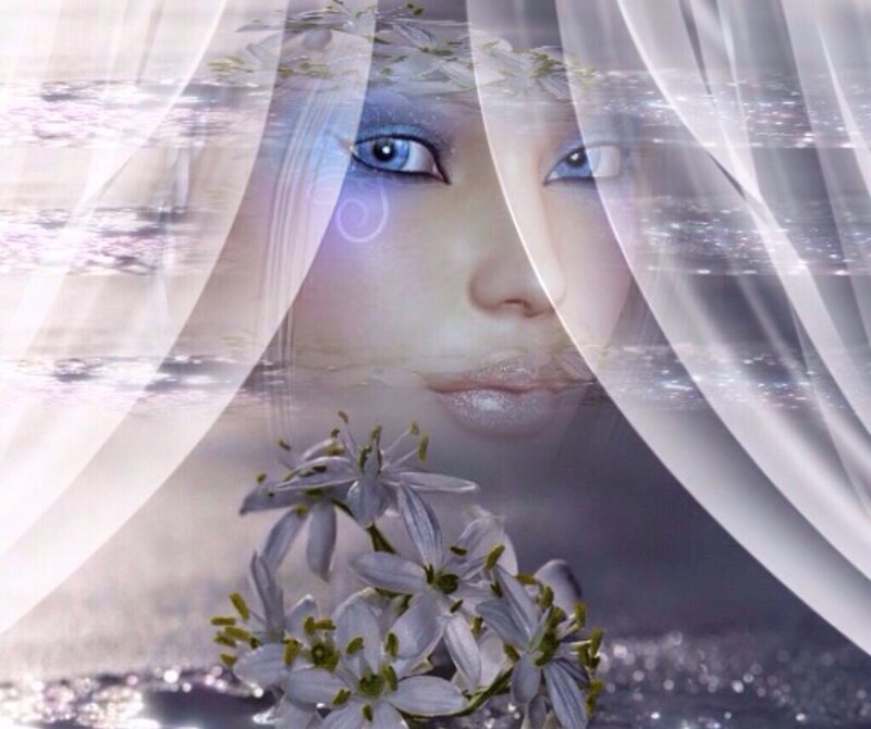 Woman with Blue Eyes — White, Ethereal, Digital Art, Flowers