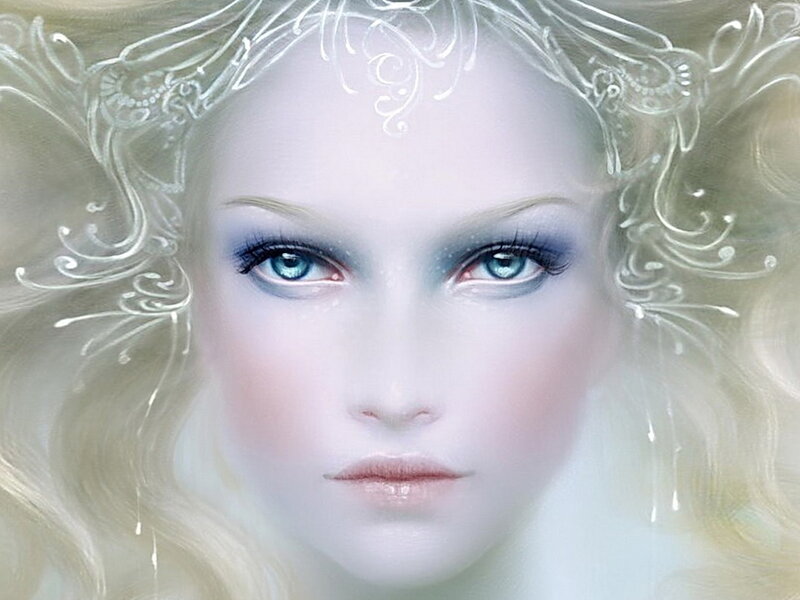 Woman with Blue Eyes — White, Ethereal, Digital Art, Hair