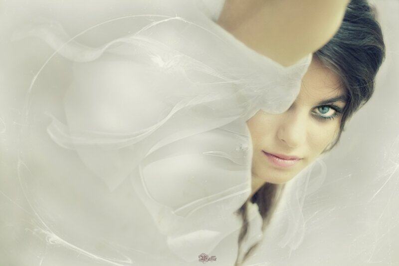 Woman with Blue Eyes — White, Ethereal, Photograph, Veil