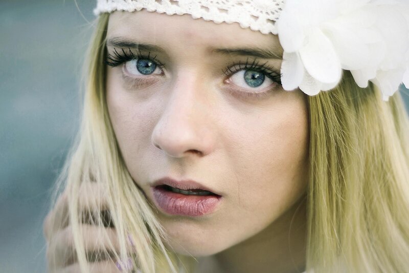 Woman with Blue Eyes — White, Intense, Photograph, Headband, Flower