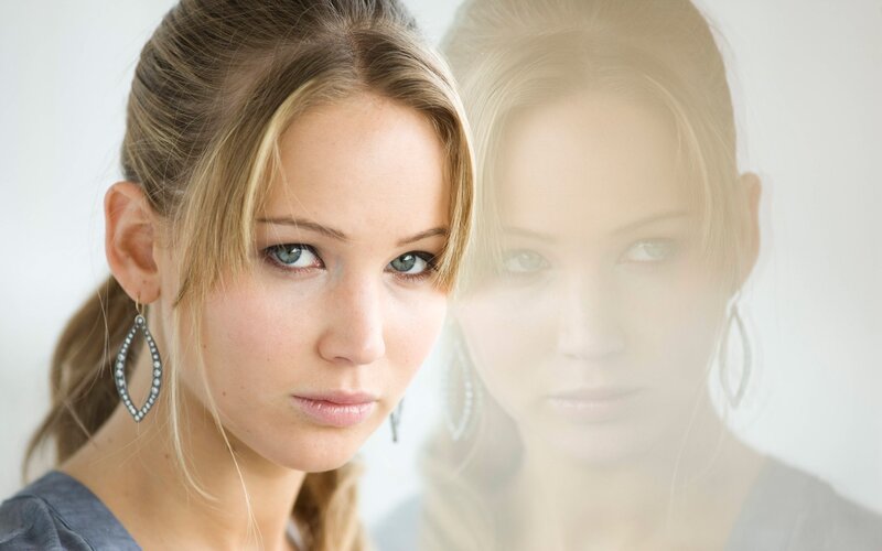 Woman with Blue Eyes — White, Neutral, Photograph, Earrings