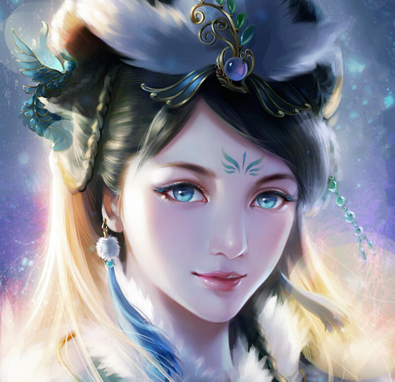 Woman with Blue Eyes — White, Serene, Digital Art, Feather Headdress