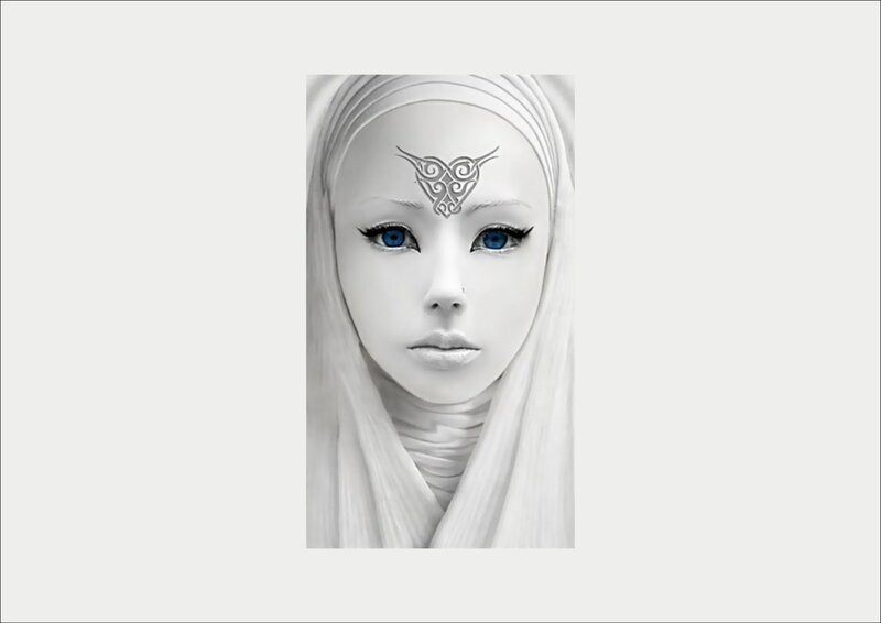 Woman with Blue Eyes — White, Serene, Digital Art, Tattoo