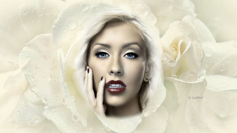 Woman with Blue Eyes — White, Serene, Digital Art, White Roses