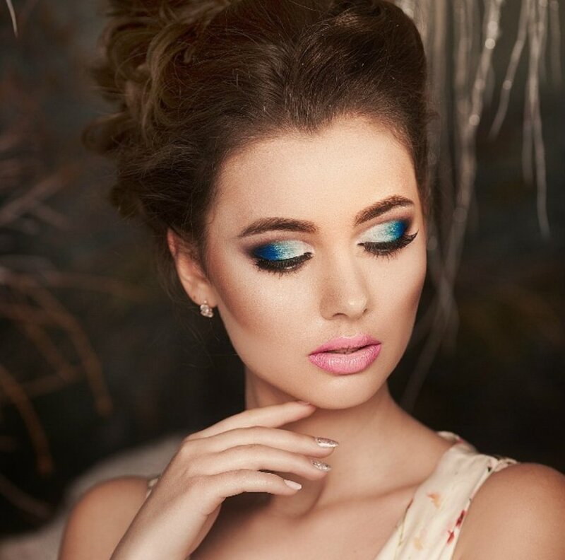 Woman with Blue Eyeshadow — Dramatic, Photograph, Makeup, Earring