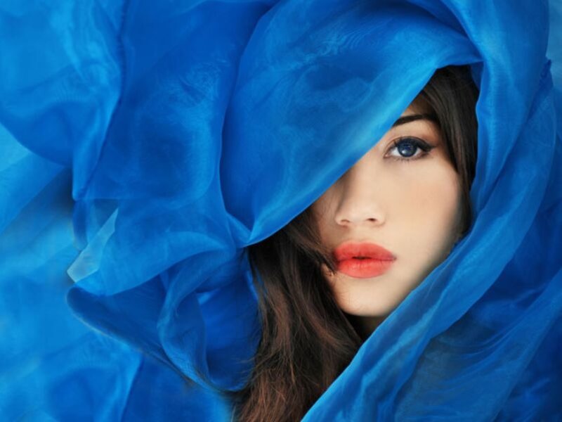 woman with blue fabric