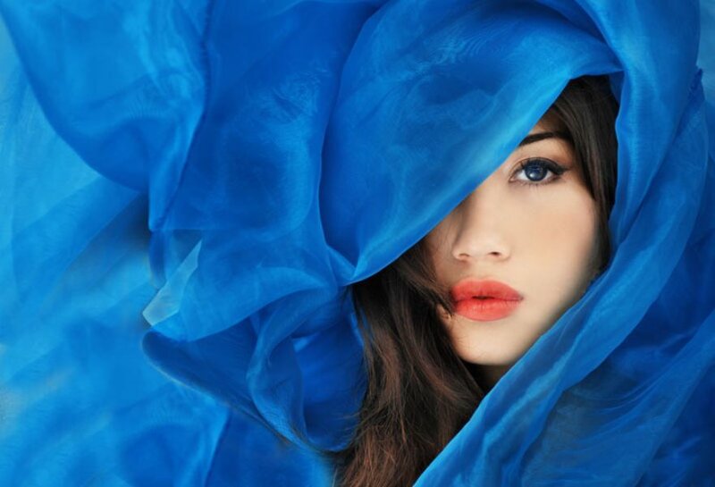 woman with blue fabric