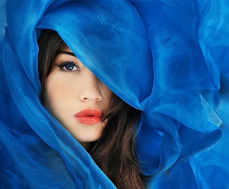 Woman with Blue Fabric — Dramatic, Photograph, Eyes