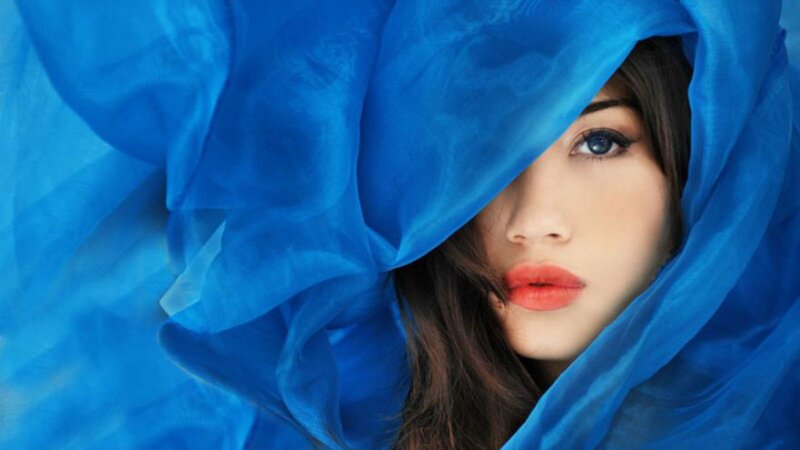 Woman with Blue Fabric — Dramatic, Photograph, Face