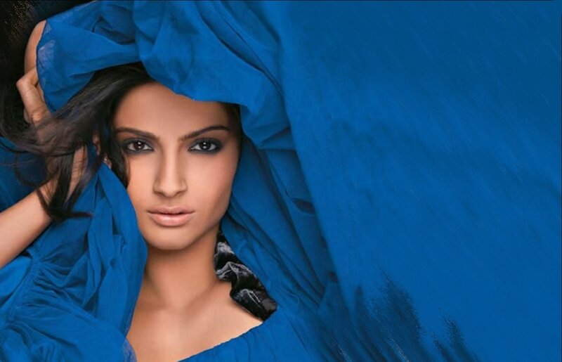 Woman with Blue Fabric — Dramatic, Photograph, Makeup