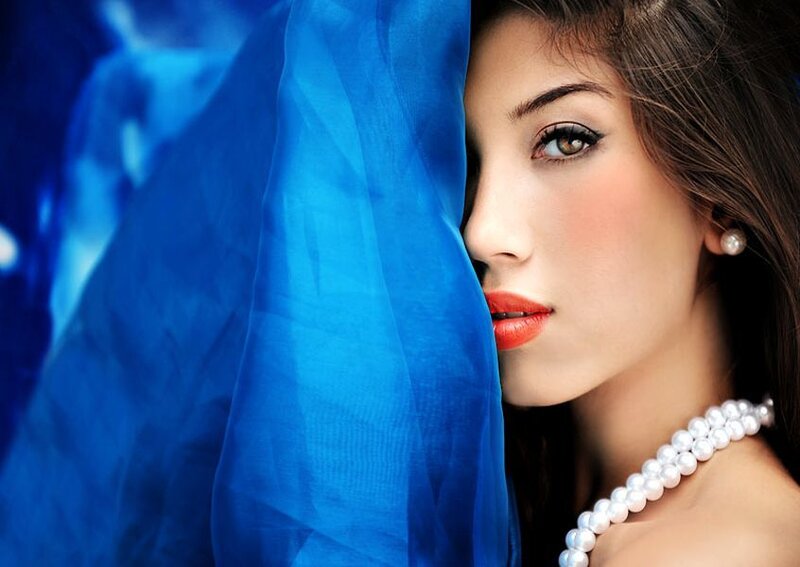 Woman with Blue Fabric — Dramatic, Photograph
