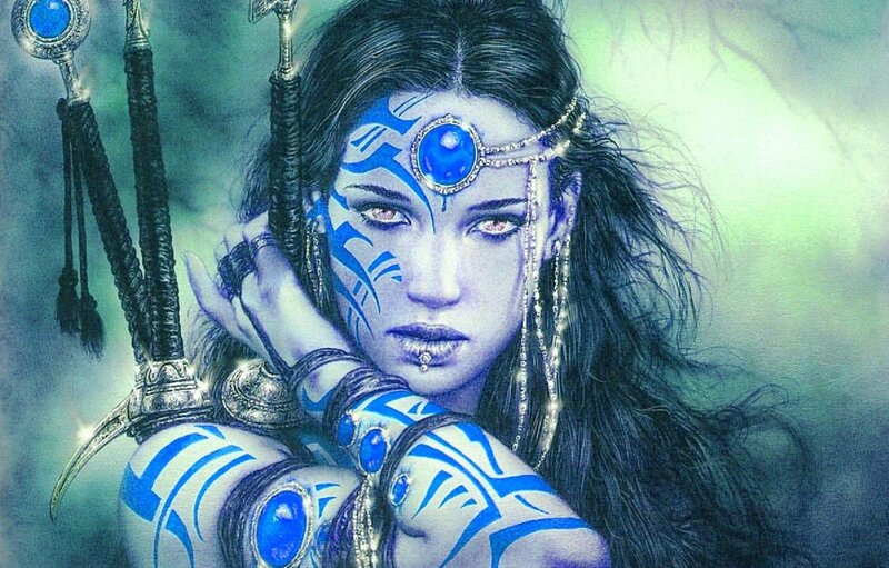Woman with Blue Face Paint — Dramatic, Digital Art, Swords