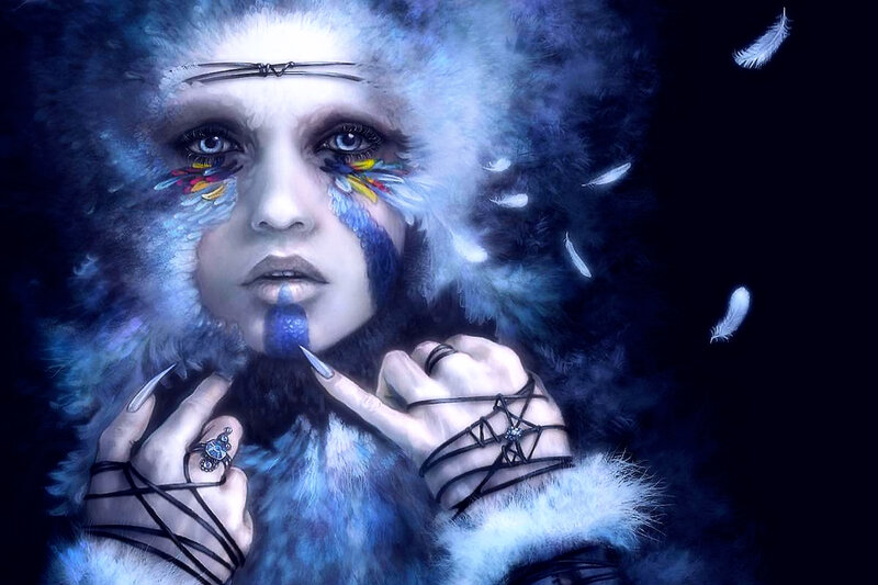 Woman with Blue Face Paint — Dramatic, Night, Digital Art, Feathers