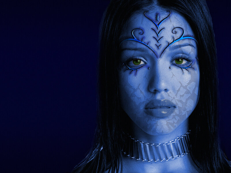 Woman with Blue Face Paint — Dramatic, Night