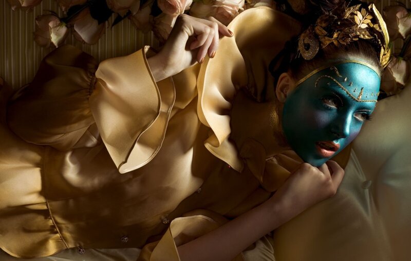 Woman with Blue Face Paint — Dramatic, Photograph, Flowers