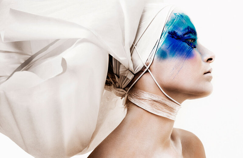 Woman with Blue Face Paint — White, Dramatic
