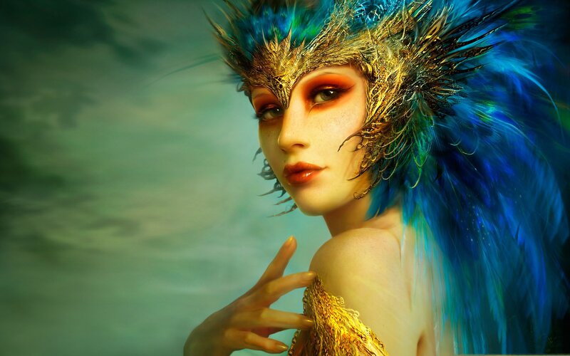 Woman with Blue Feathers — Dramatic, Digital Art, Feather Headdress, Gold Ornament