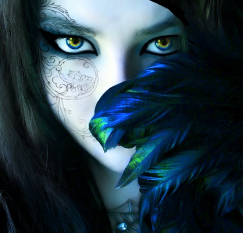 Woman with Blue Feathers — Dramatic, Digital Art, Tattoo