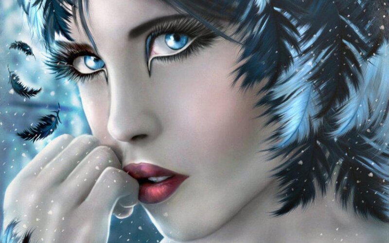 Woman with Blue Feathers — Dramatic, Winter, Digital Art
