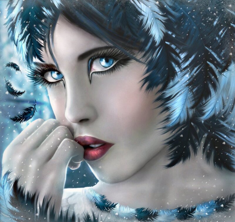Woman with Blue Feathers — Dramatic, Winter
