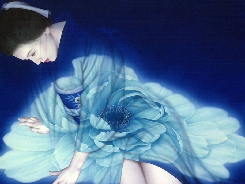Woman with blue flower