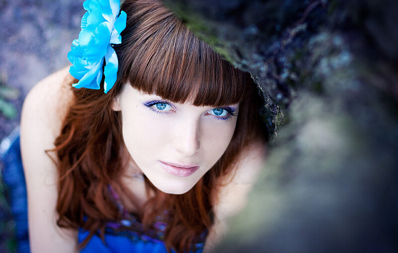 Woman with Blue Flower — Serene, Photograph, Blue Flower