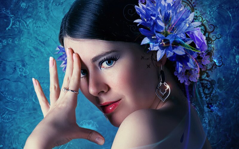 Woman with Blue Flowers — Dramatic, Digital Art, Earrings, Hand
