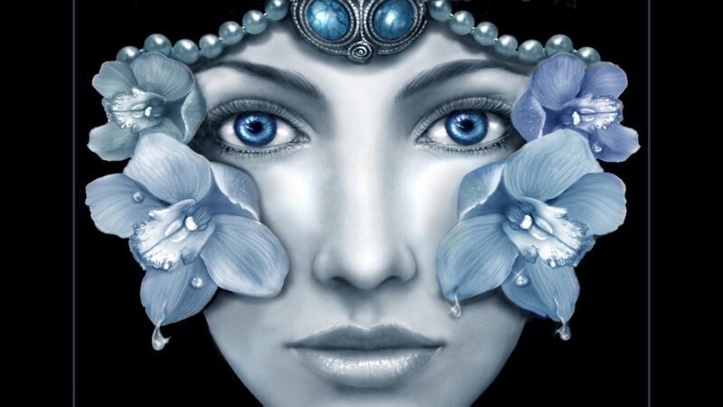 Woman with Blue Flowers — Dramatic, Digital Art, Headpiece