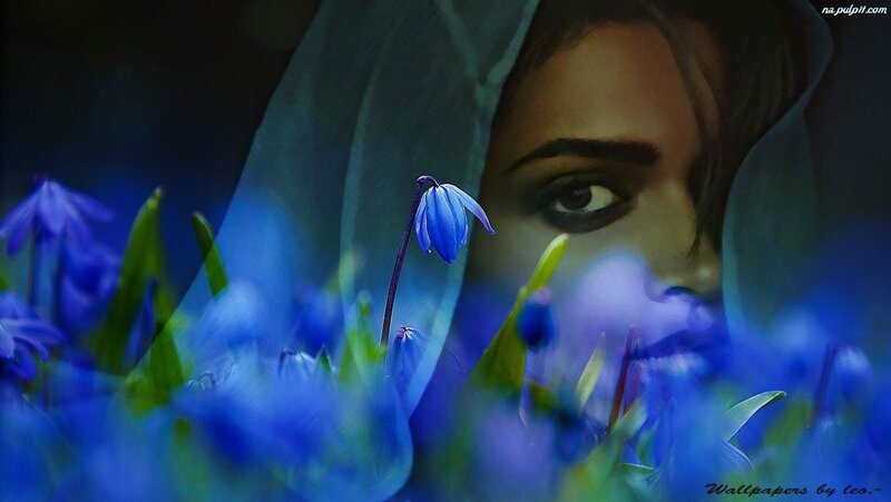 Woman with Blue Flowers — Dramatic, Digital Art