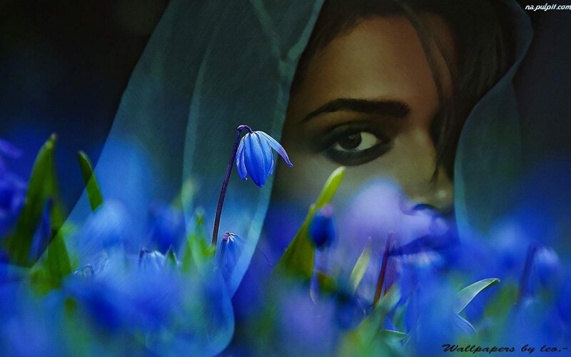Woman with Blue Flowers — Dramatic, Digital Art, Veil