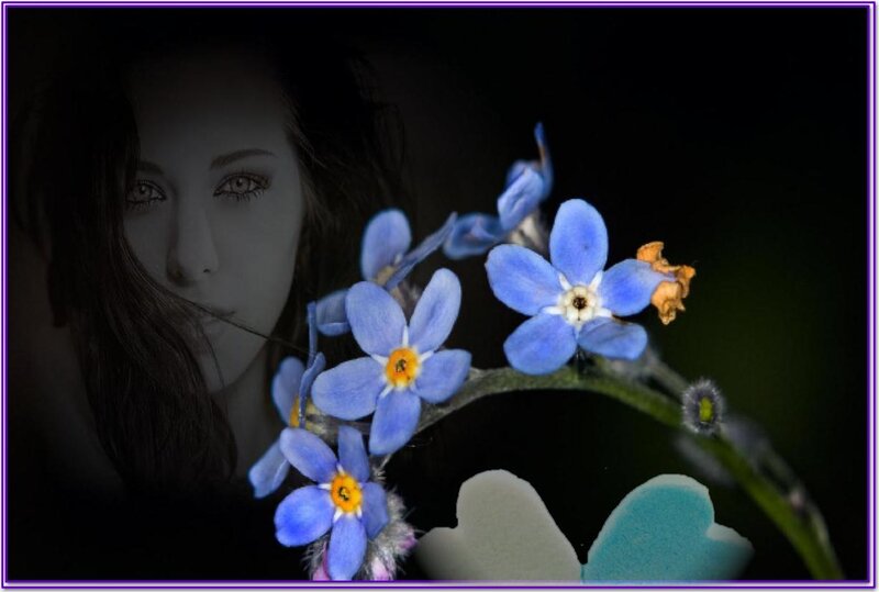 Woman with Blue Flowers — Dramatic, Photograph, Face