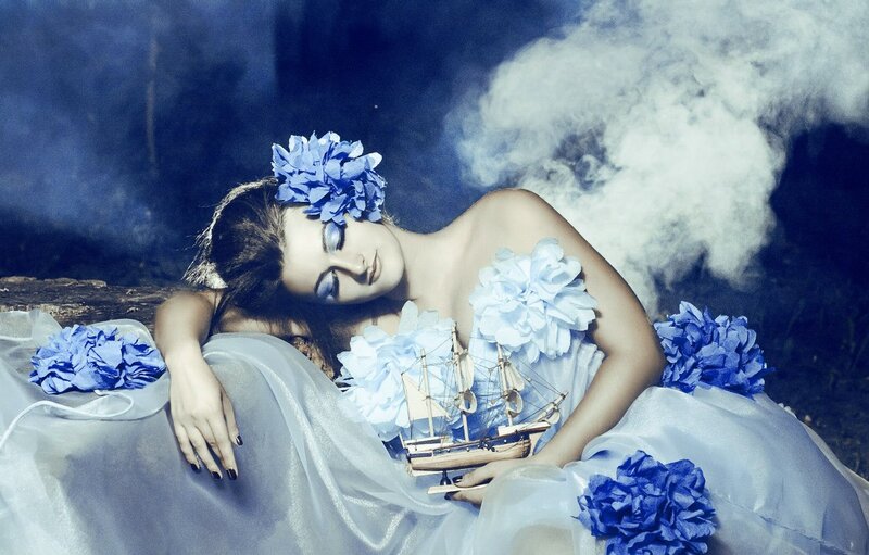 Woman with Blue Flowers — Dreamy, Night, Photograph