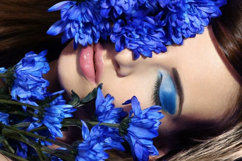 Woman with Blue Flowers — Serene, Photograph, Makeup