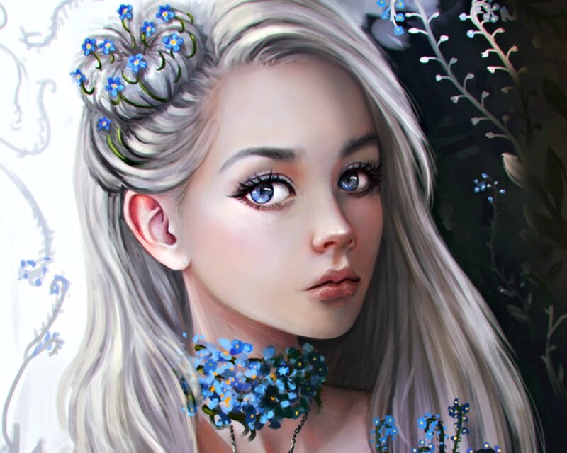 Woman with Blue Flowers — White