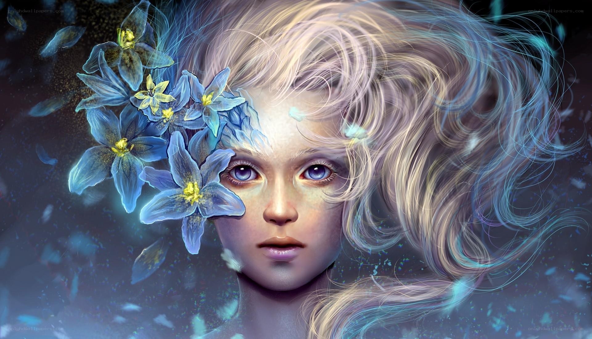 woman with blue flowers