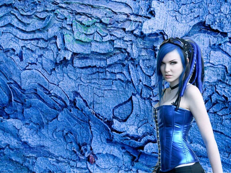 woman with blue hair and corset