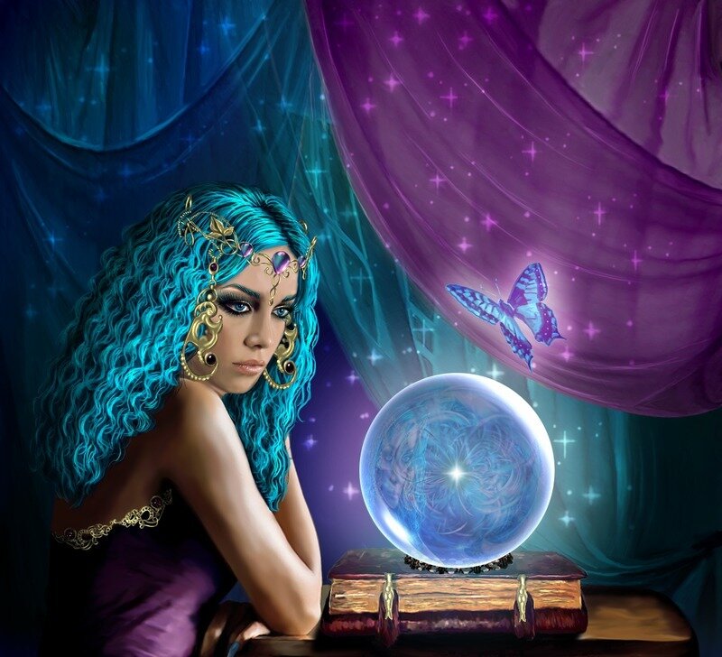 woman with blue hair and crystal ball