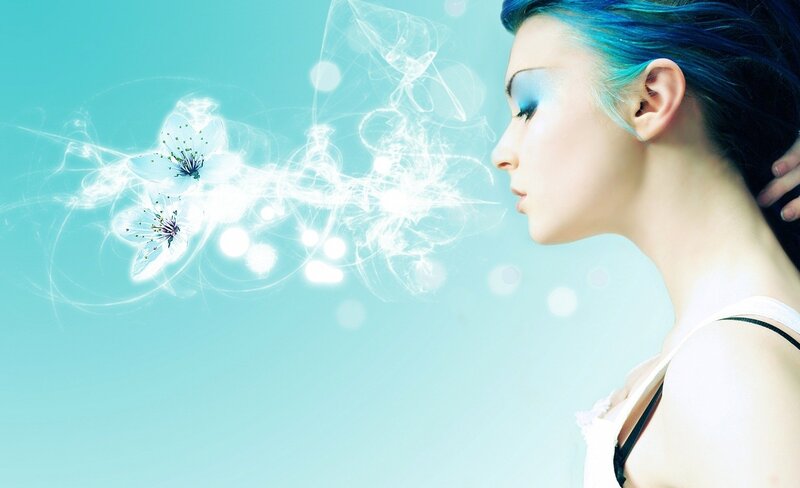 woman with blue hair and flowers