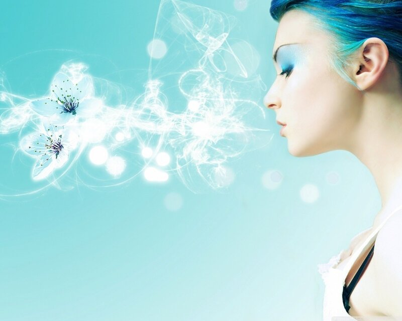 woman with blue hair and flowers