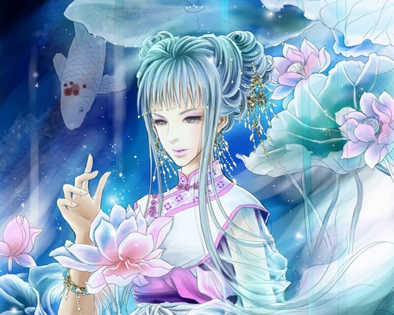 woman with blue hair and lotus flowers
