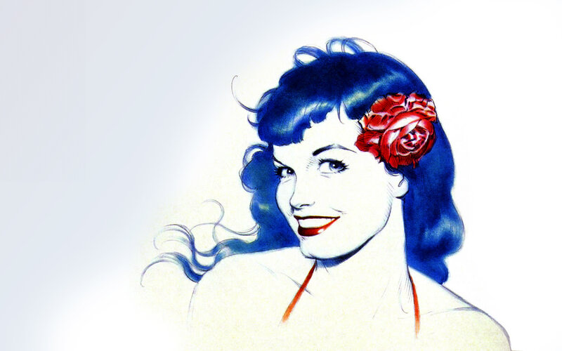 woman with blue hair and red flower