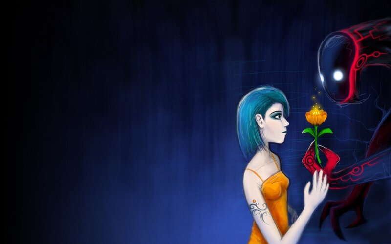 woman with blue hair and robot